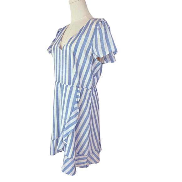 J. CREW Blue White Striped V-Neck Faux Wrap Ruffle Cotton Summer Dress Size 8 - Picture 3 of 10